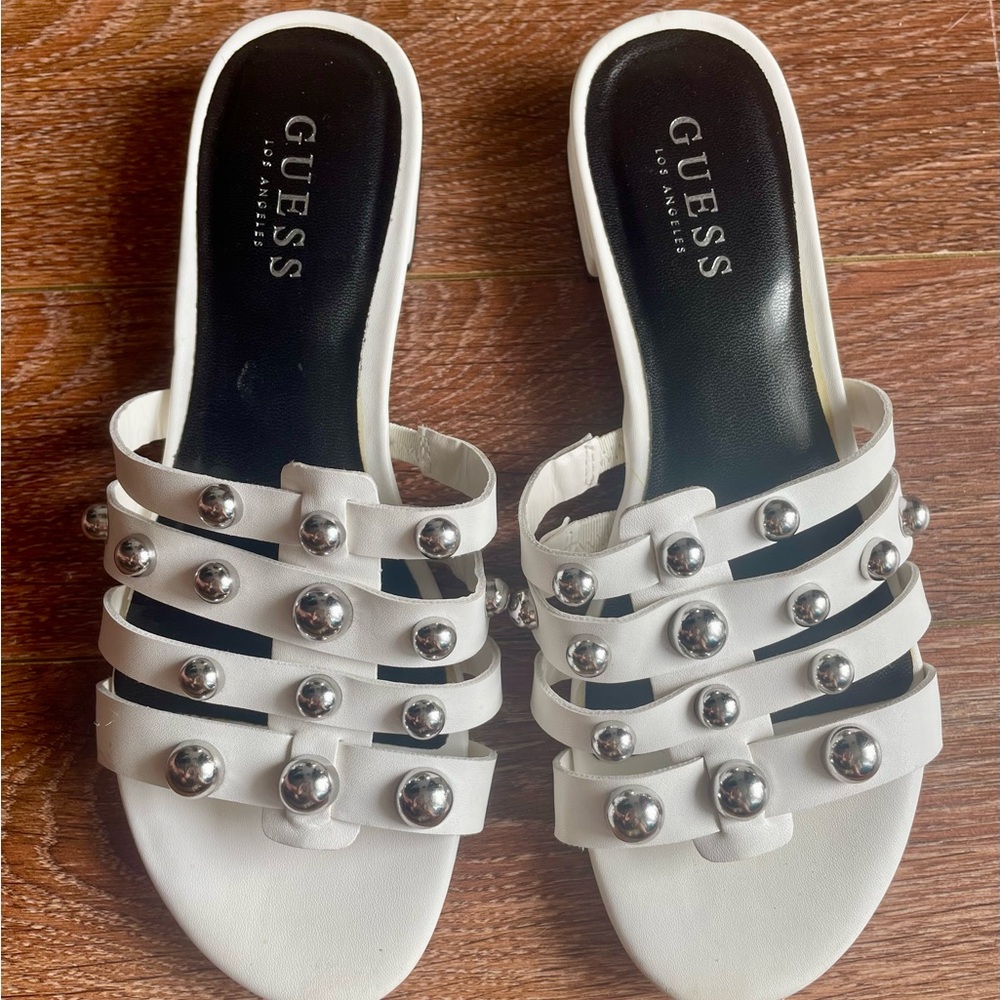 Guess White and Silver Slide Sandals with Modern Straps